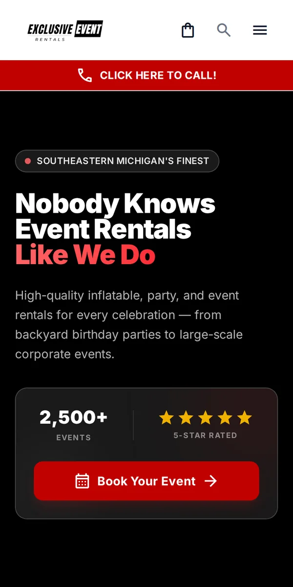 Exclusive Event Rentals homepage on mobile
